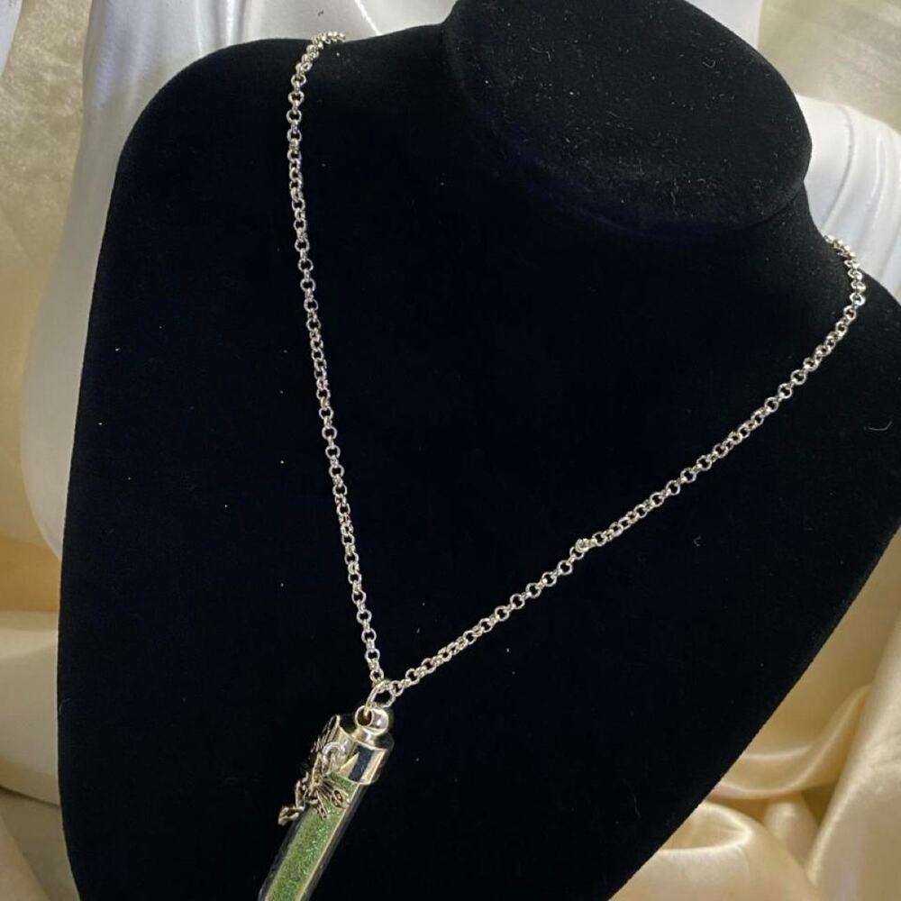 Vintage Fairy Dust Green Glass Vial Fairy Pendant Whimsical “Good Luck" Necklace